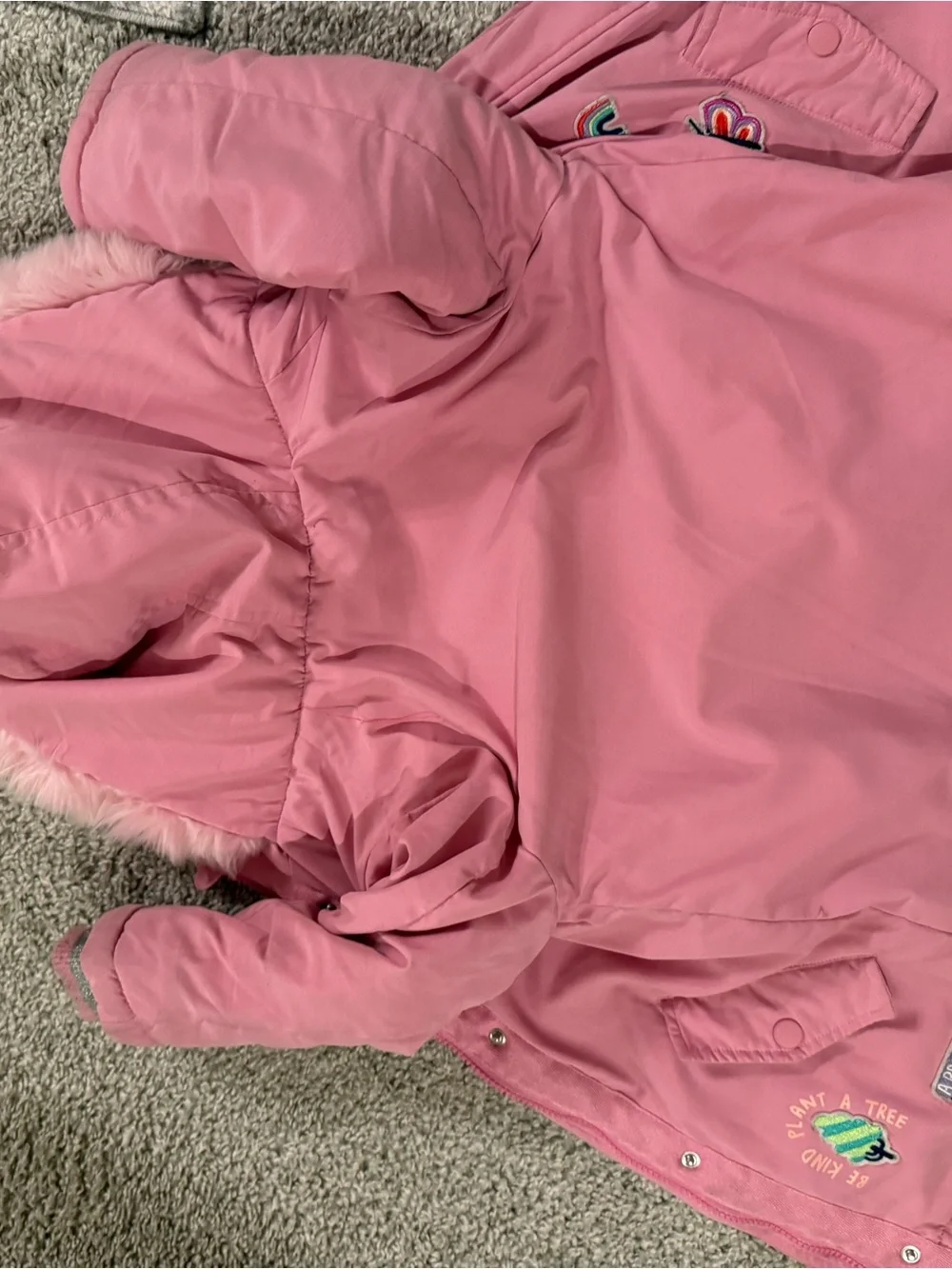 Girls' Pink Hooded Puffer Jacket with Faux Fur Trim
